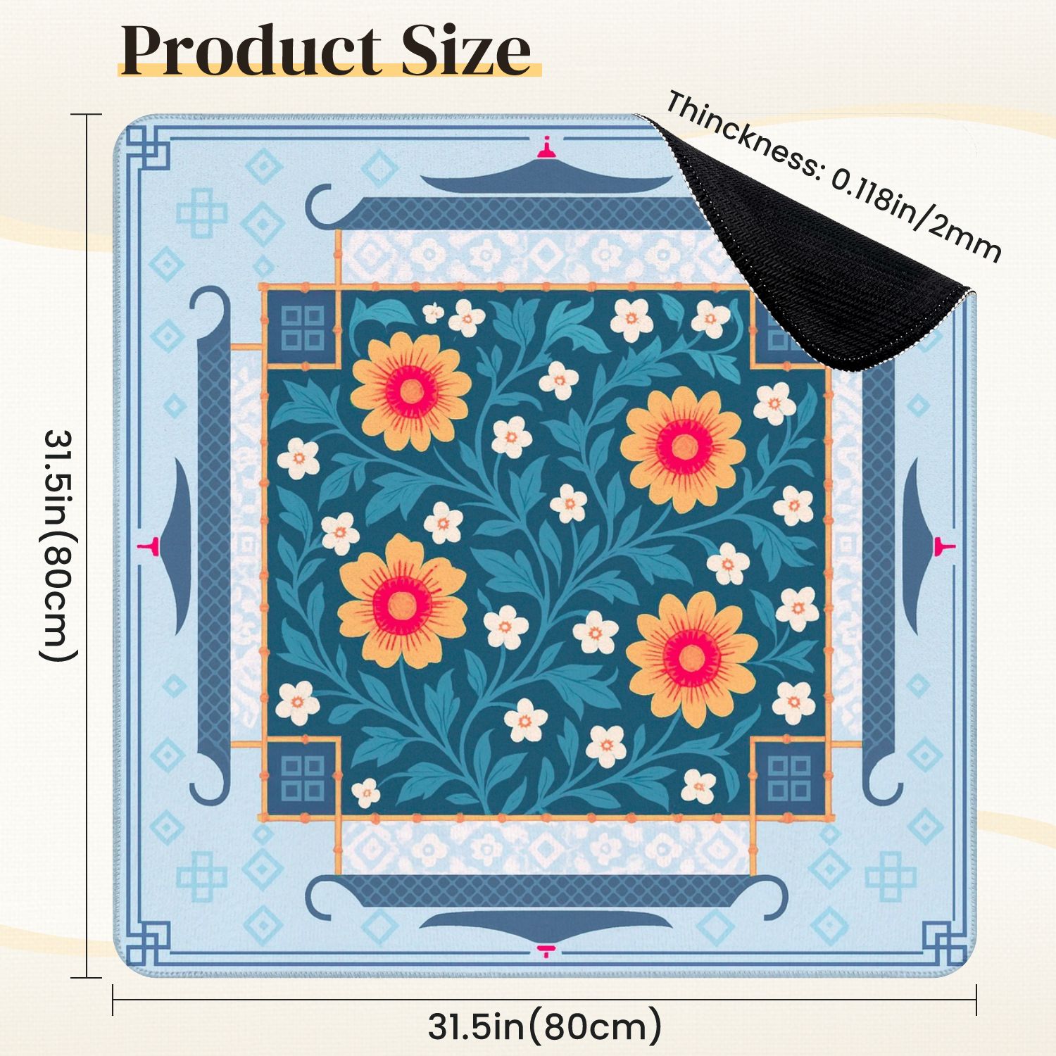 Mahjong Mat 31.5" x 31.5" Floral Yellow Sunflowers White Blossoms Blue Anti-Slip and Noise Reduction Symmetry Design Mahjong Tiles Table Cover for Dominoes Poker Card Board and Tile Games