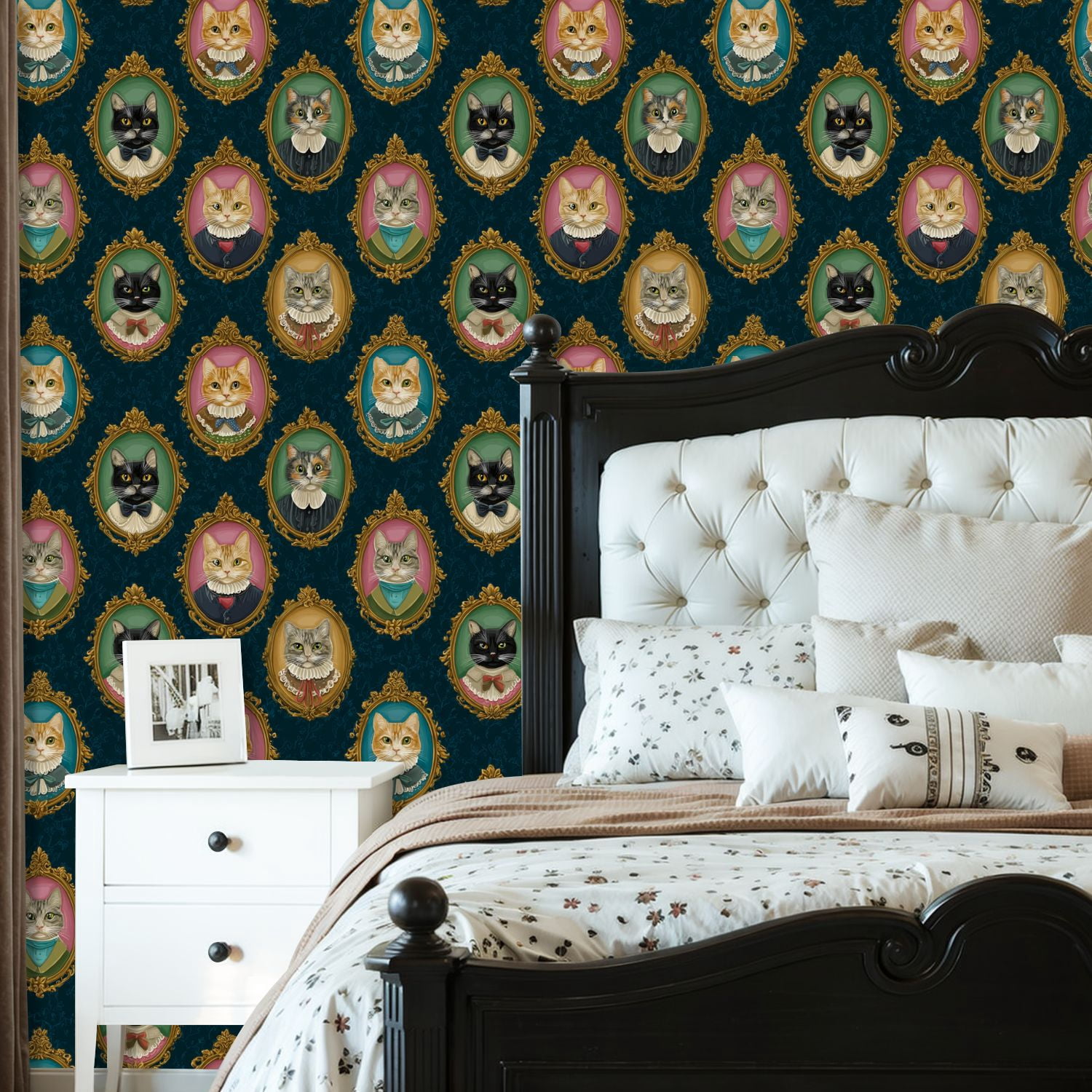 Vintage Peel and Stick Wallpaper Cat Portraits Ruffled Collars Ornate Frames Wall Mural 23.6in x 9.8ft Self Adhesive Removable Wall Paper Renter Friendly Wallpaper for Nursery Bedroom Cabinets