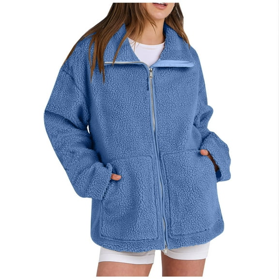 UYISJ Womens Oversized Fleece Coats Sherpa Lined Jacket Zip Up Long Sleeve Teddy Coat Casual Winter Warm Clothes with Pockets Blue L