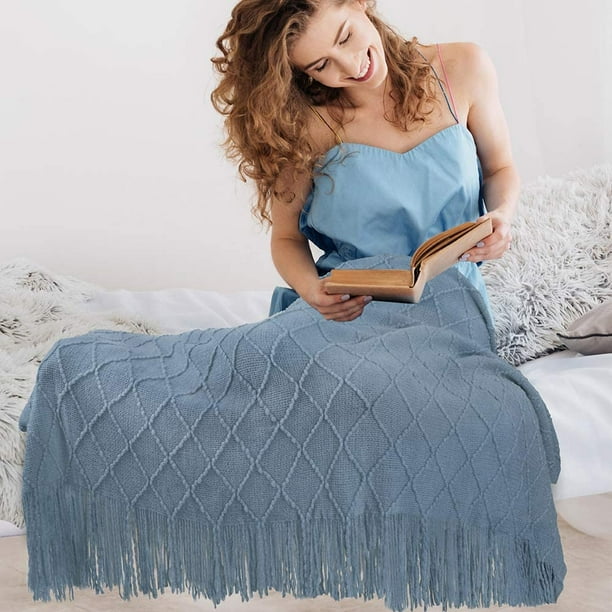 Knitted Throw Blanket Fringe Dusty Slate Light Blue Gray Decorative Tassel Boho Farmhouse Decor Couch Bed Sofa Fall Outdoor Woven Textured Afghan Lightweight Cozy Acrylic 60x80 Twin Walmart