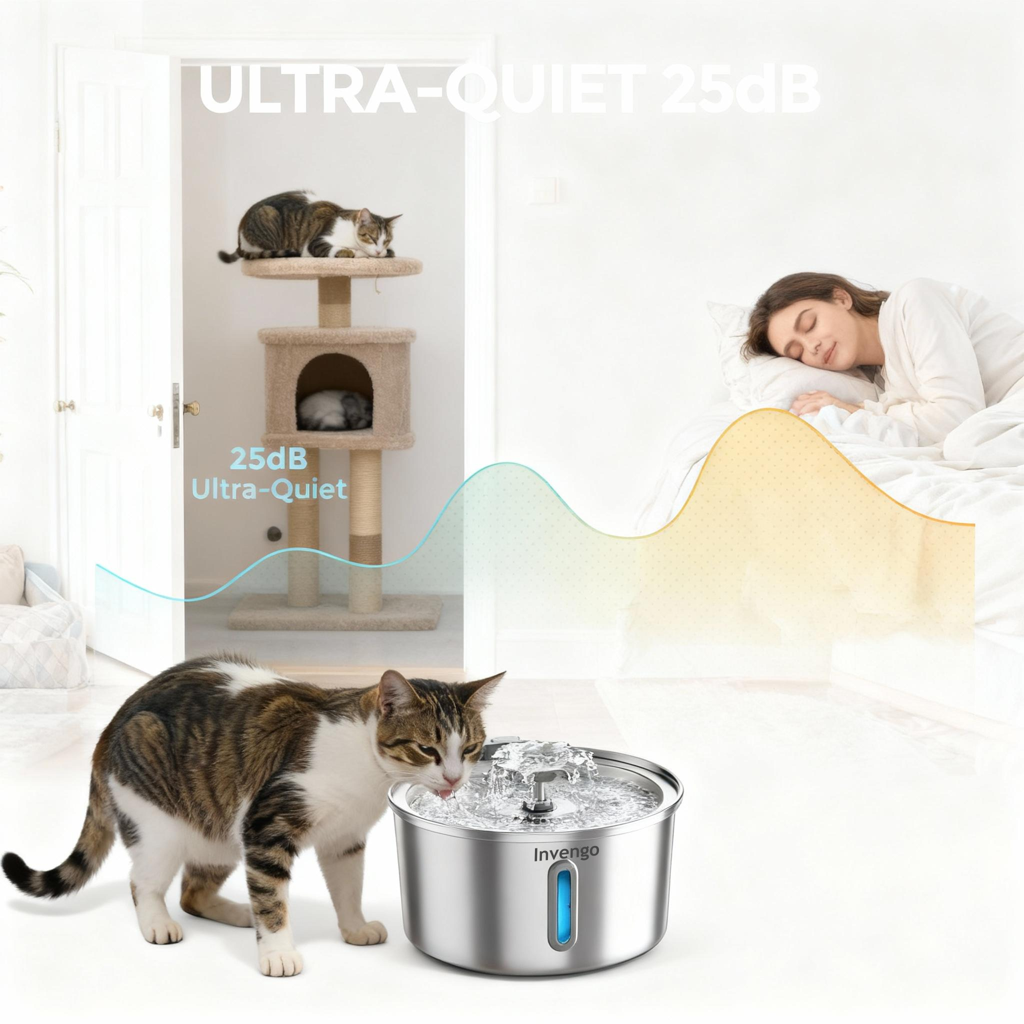 3.2L/108oz Stainless Steel Cat Water Fountain, Invengo Automatic Pet Water Dispenser with 2 Flow Modes, BPA-Free, Food-Grade Metal, Ultra-Quiet Pump for Indoor Cats &Dogs
