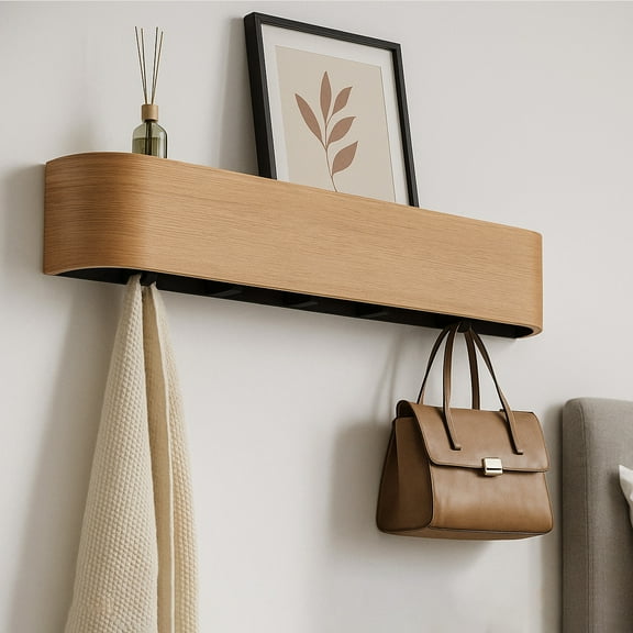 Wall-Mounted Coat Rack – Floating Wood Shelf with Hidden Hooks – Modern Entryway Organizer for Hallway or Closet (Natural)