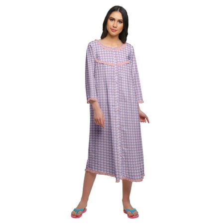 

Moomaya Printed Knee Length Cotton Lace Border 3/4th Sleeve Night Gown For Women