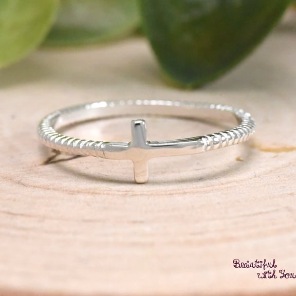 LD DESIGNS Minimalist Sideways Cross Ring, Sterling Silver Cross Bead Ring, Womens Cross Ring Silver, Christian Ring, Women's Ring, Gift for Her