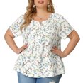 thumbnail image 2 of Women's Plus Size Blouse Floral Half Placket Short Sleeve Casual Tops White 1X, 2 of 7