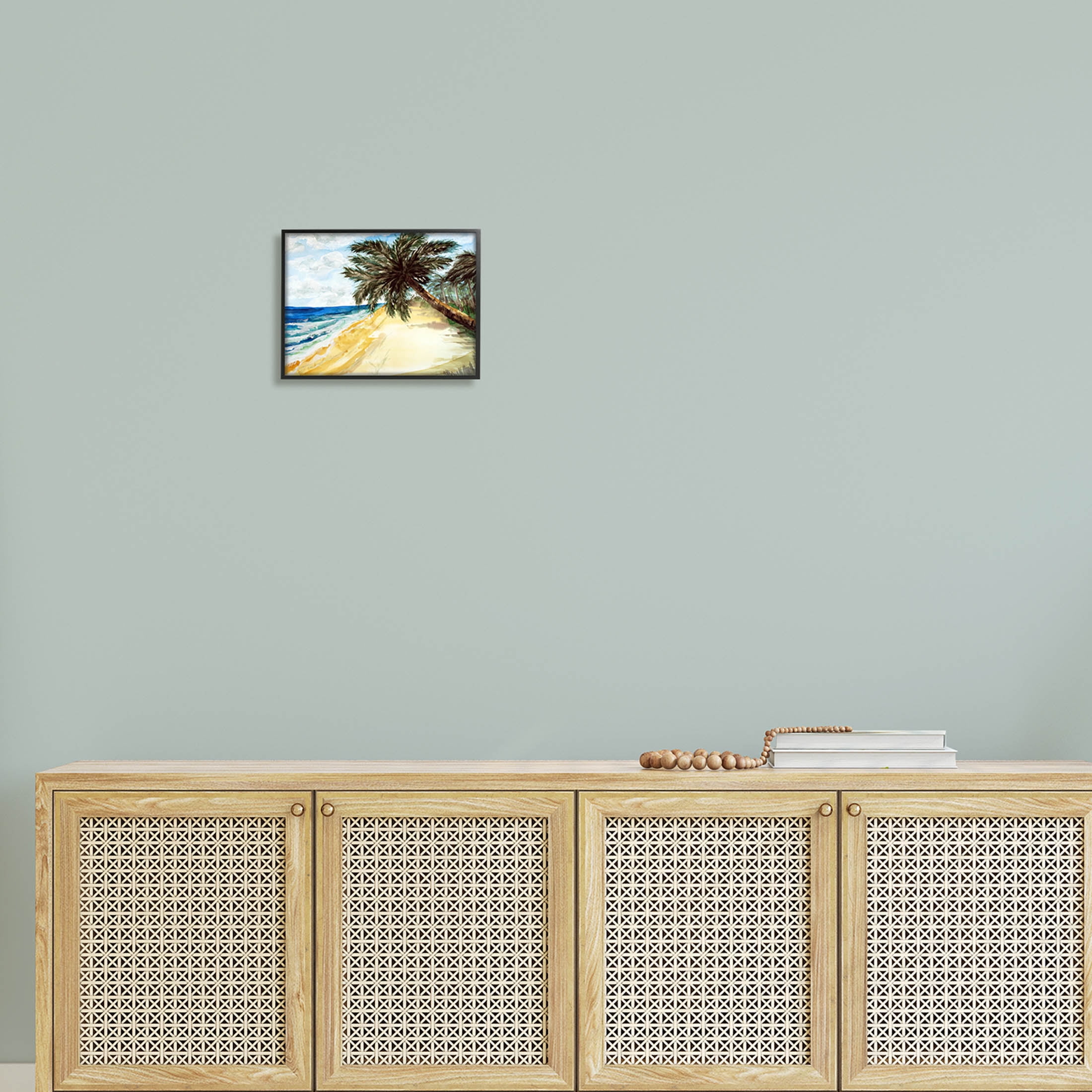 Summer Palm Overhanging Beach Coastal Painting Black Framed Art Print Wall Art