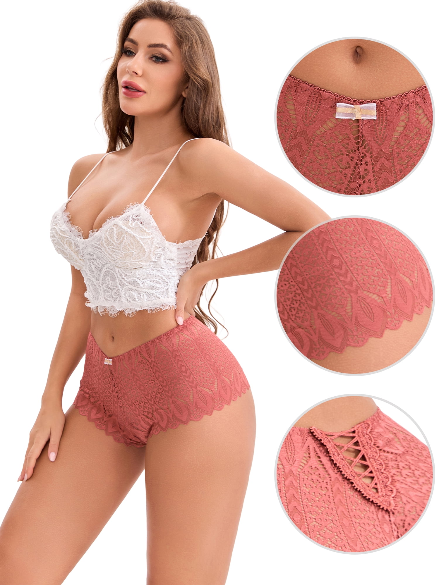 DARING DIVA Women's Underwear Mid Waisted Hollow Out Breathable Panties XXL Rust Red