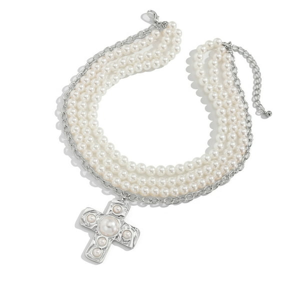 AOOOWER Fashionable Multi Layer Necklace with Crucifix and Faux Pearls Handmade Choker