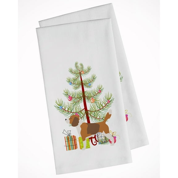 Beagle Merry Christmas Tree White Kitchen Towel Set of 2 Dish Towels