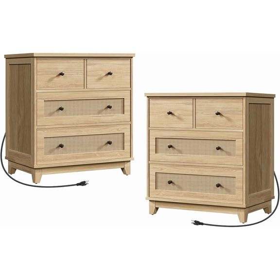 RALGEND Night Stand with Drawers Set of 2, Rattan Nightstand with Charging Station, Boho End Tables Living Room, Tall Nightstand with 4 Drawers, End Table with Drawers, Natural