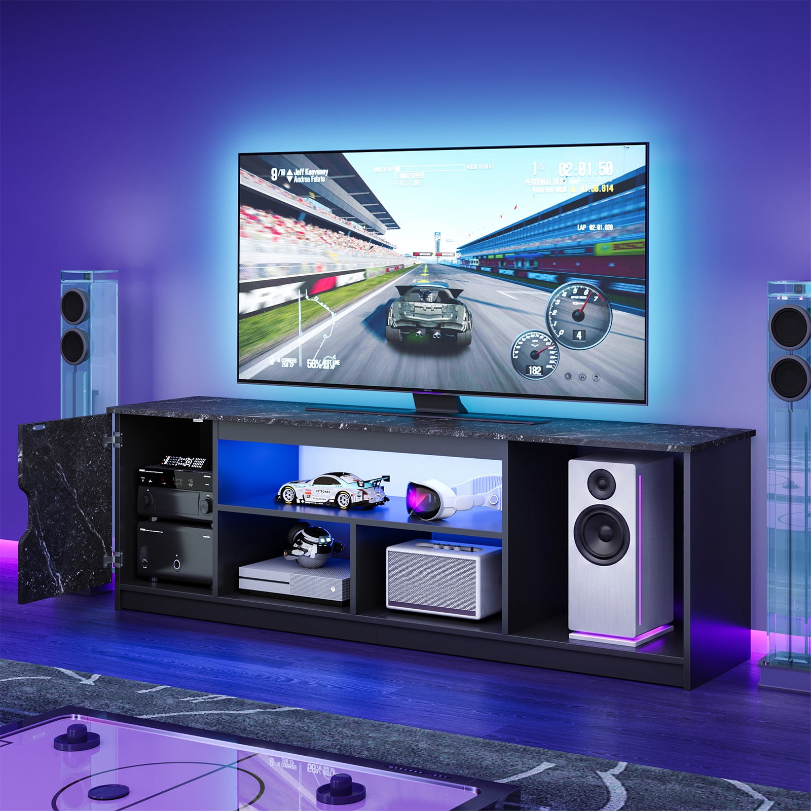 Bestier 63" LED TV Stand for TVs up to 70", Gaming Entertainment Center with PS5 Storage, Modern Media Console Table with 2-Tier Storage Shelves, Black Marble