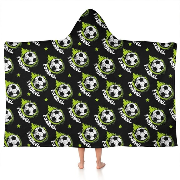 Black Soccer Balls with Green Elements Pattern Hooded Bath Towel,50"x30" for Ages 3 To 12 Kids, Quick Dry Lightweight Soft Microfiber Hood Beach Towel Cover Up for Kids