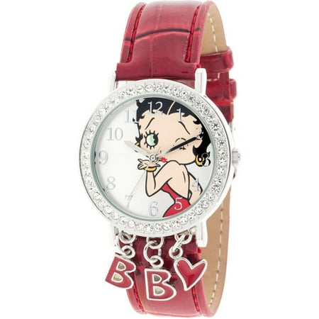 Betty Boop Women's Charm Watch, Red Simulated Leather Strap