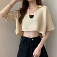 thumbnail image 2 of Women's Casual V Neck Short Sleeve Soild Basic Knitted Crop Top T-Shirt, 2 of 5