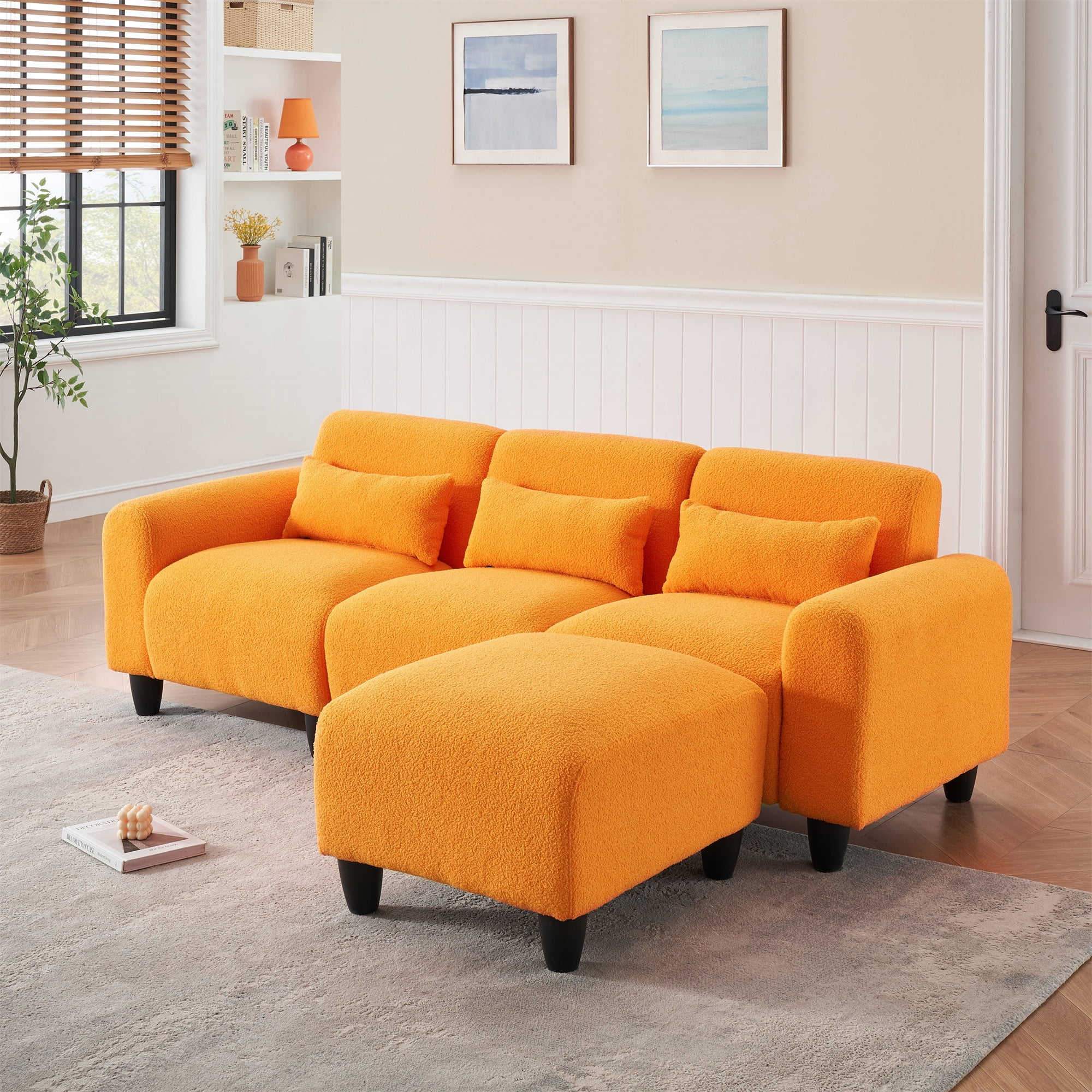 Aukfa Modular Sectional Sofa, Deep Seat Couch Set for Living Room, 3 Pillows, Orange Teddy Fleece