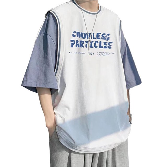 Camiseta de manga corta con cuello redondo para hombre, camisetas holgadas de estilo de dos piezas, camisa básica de cuello redondo de verano para hombre