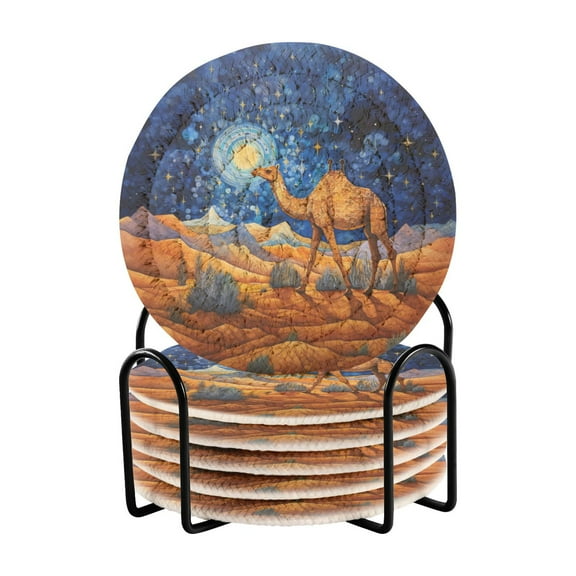 Camel Desert Starry Sky 6 Pcs Drink Coasters with Holder Absorbent Coasters Woven Coasters for Drinks Table Desk Protection Home Decor