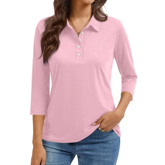 Resicozy Womens Tops 3/4 Sleeve Polo Shirts Solid Business V Neck Collared Buttons Basic Tees Loose Casual Blouses Pink XL