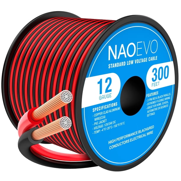 Cable eléctrico NAOEVO, calibre 12, 300 pies, 2 conductores, rojo y negro