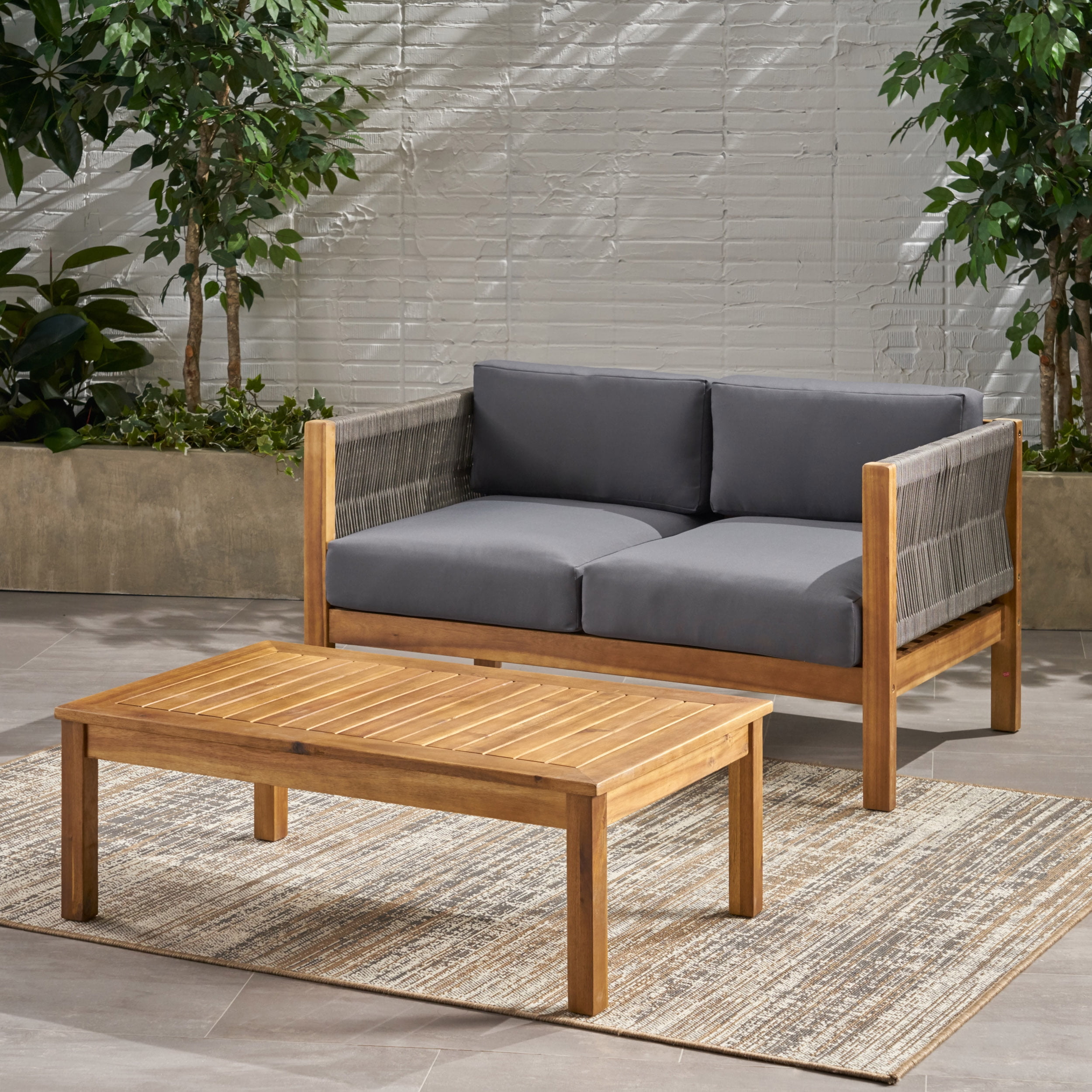 Outdoor Double Sofa and Coffee Table Leisure Set, Acacia Wood and Rattan Integrated Furniture for Patio Garden, Gray and Beige