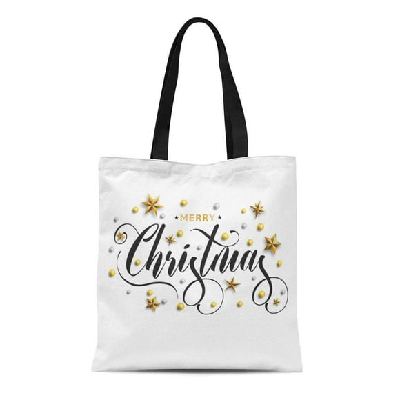 NUDECOR Canvas Tote Bag Silver Merry Christmas Inscription Decorated Gold Stars and Beads Durable Reusable Shopping Shoulder Grocery Bag