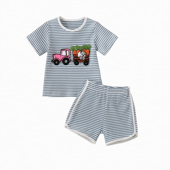 Kaprioy My First Easter Baby Boy Outfit Boys Eeaster Outfit Short Sleeve Bunny Carrot Smocked T-shirt Elastic Waist Shorts Summer Clothes Carrot Car Embroidered Outfit Striped Set