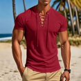 thumbnail image 2 of Men's Waffle Knit Lace up Henley T-Shirt, Short Sleeve Casual Summer Stand up Collar Top Wine, 2 of 9
