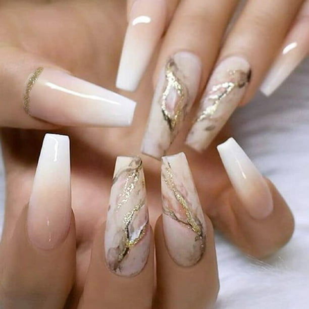 Uñas postizas largas Apuakthei Nude Press On Nails Coffin Uñas postizas acrílicas con degradado Uñas postizas de cobertura total de mármol para mujeres y niñas (24 piezas)