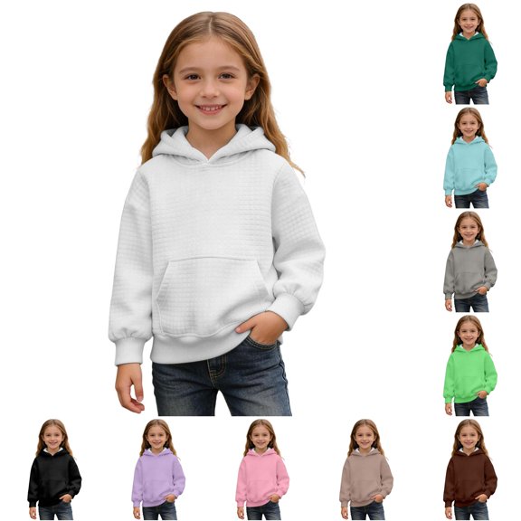 GobdXE Solid Cotton Blend Girls Pullover Hoodie Long Sleeve Waffle Texture Kangaroo Pocket Bubble Sleeve Loose Casual Children Sweatshirt,7-8 Years(White)