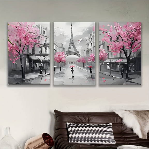 2D Flat 3pcs, Decorative painting--frameless, Eiffel Tower Street Scene with Pink Blossoms and Umbrellas Wall Art Print. Posters and printed materials, Holiday Gifts, Mother'S Day, Home Decor, Birth