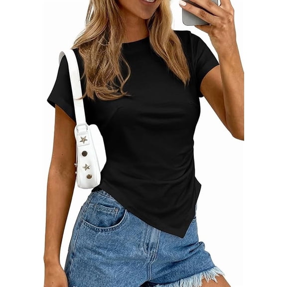 PRETTYGARDEN Womens Short Sleeve Crew Neck Trendy Shirts Spring Summer Y2K Going Out Tops Asymmetrical Ruched Blouse