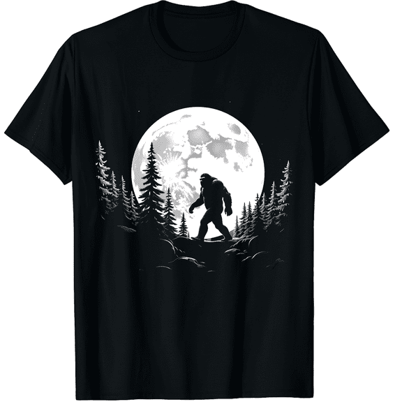 Bigfoot Moon Silhouette Forest Sasquatch Adult Unisex Black T-Shirt, 180g Cotton