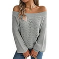 thumbnail image 2 of Crochet Tops for Women Off the Shoulder Sweaters Summer Long Sleeve Hollow Out Knit Beach Clothes Gray L, 2 of 9