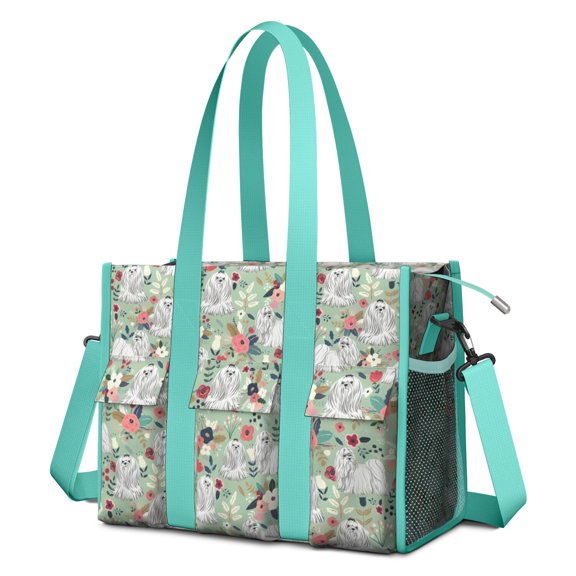 Teacher Tote Bag,Maltese Dog and Flower Floral Teacher Utility Tote Bag,Large Work Tote Bags for Women with Multiple Pockets,Top Zipper Closure,13.8x10.6x6.7 Inch
