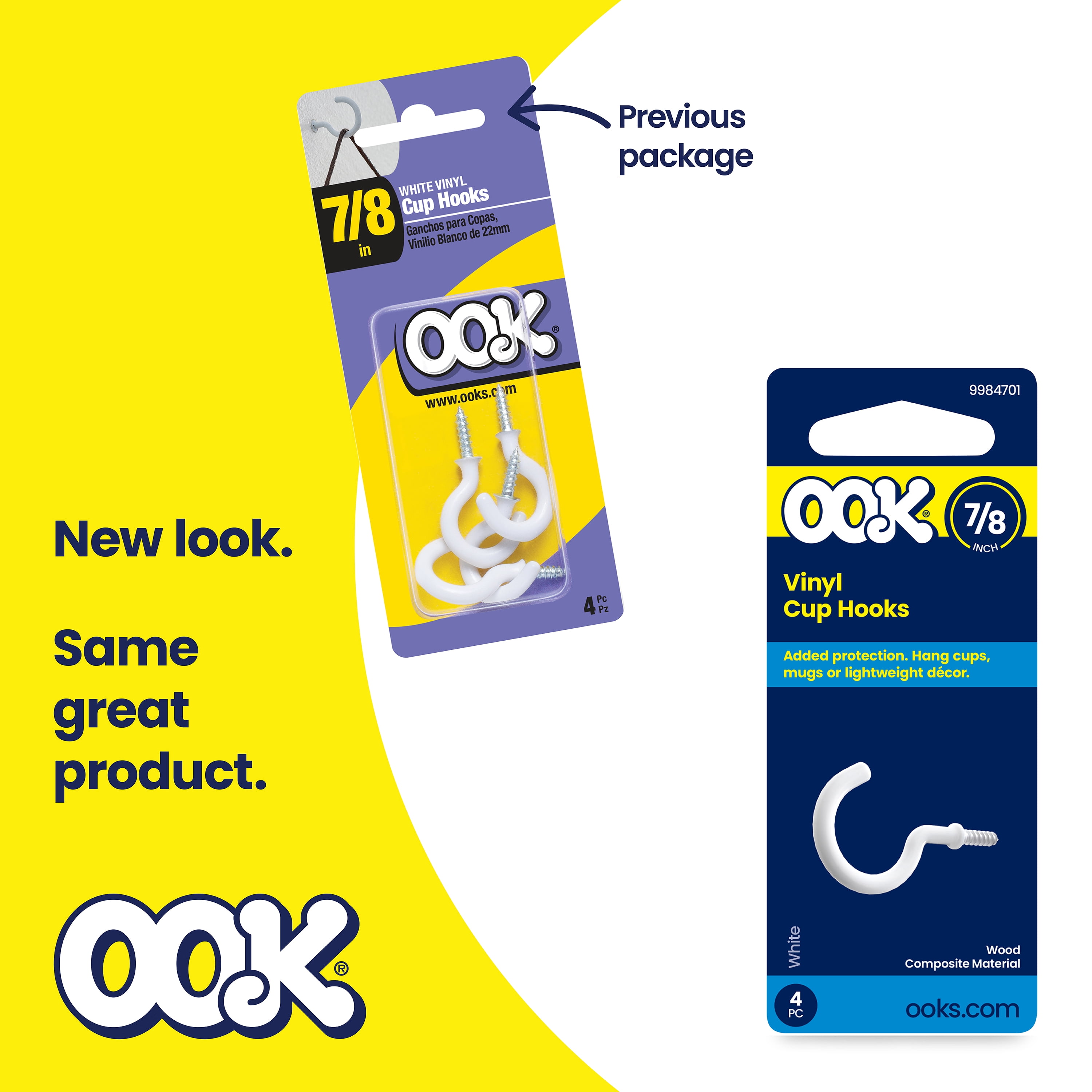 (4 pack) Ook Cup Hooks, 7/8", 0.5 lbs, Screw Hooks, Steel, White Vinyl, 4 pack