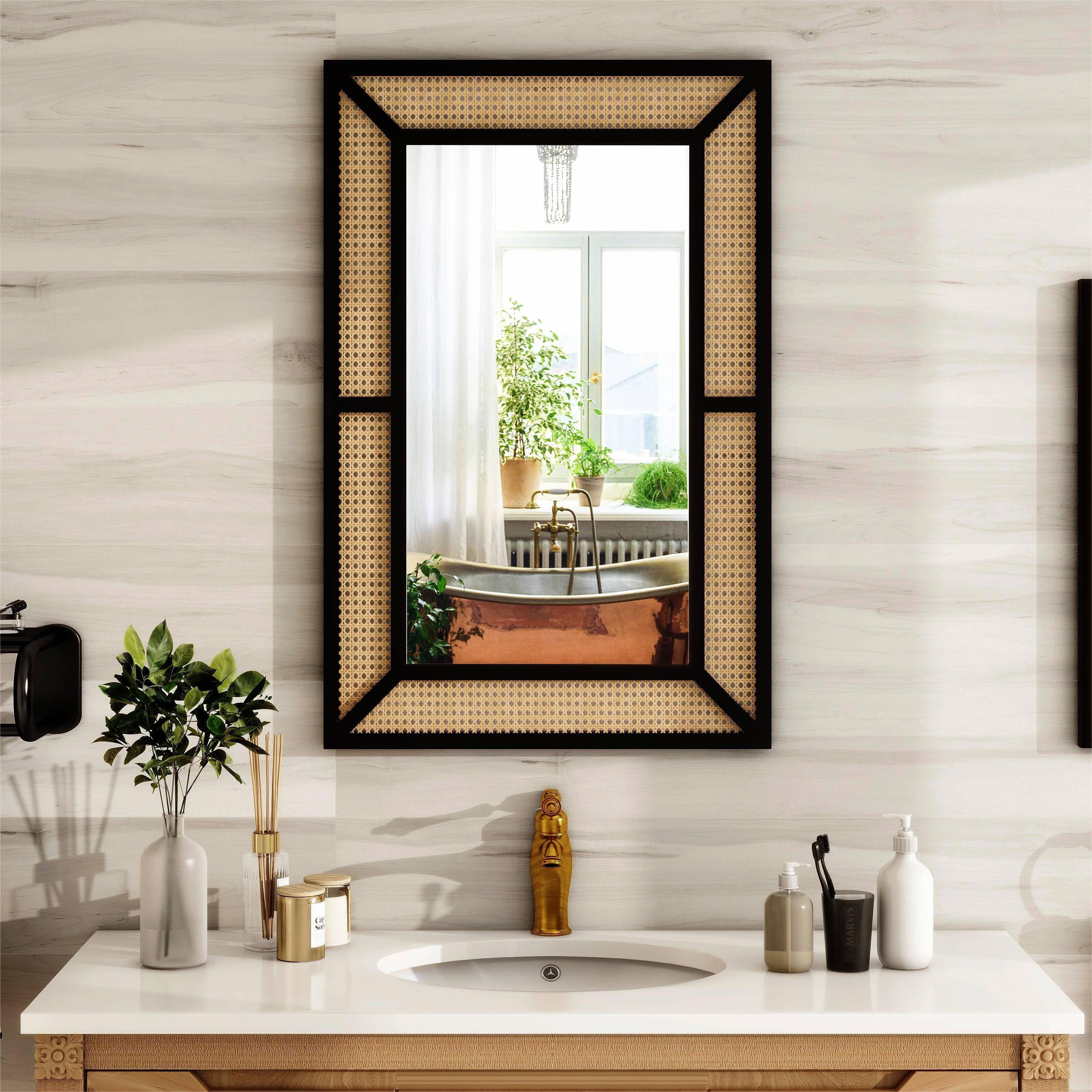 Boho Rectangle Rattan Wall Mirror Modern Decorative Wall Mirror Natural Wood Frame Hanging Wall ...