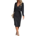 thumbnail image 2 of Women's Long Sleeve Sweater Dress Side Split Bodycon Dresses Fall Midi Long Deep V Neck Fitted Spring Casual, 2 of 8