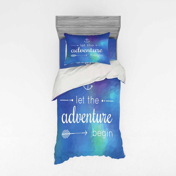 Ambesonne Adventure Bedding Set 3 Pcs, Marine Phrase on Blue, Twin, Royal Blue Sky Blue