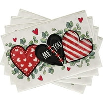 Valentine''s Day Placemats Set of 4, Red Black Love Hearts Eucalyptus Leaves Stripes Dining Table Place Mats, Anniversary Wedding Holiday Kitchen Decor Home Decoration 12 x 18 Inch