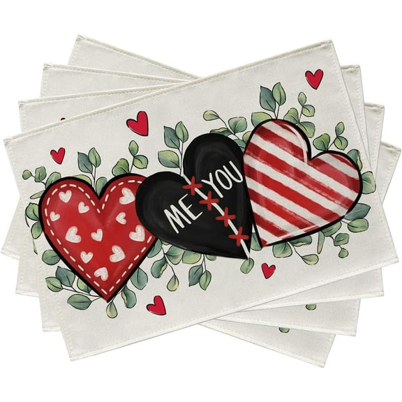 Valentine''s Day Placemats Set of 4, Red Black Love Hearts Eucalyptus Leaves Stripes Dining Table Place Mats, Anniversary Wedding Holiday Kitchen Decor Home Decoration 12 x 18 Inch