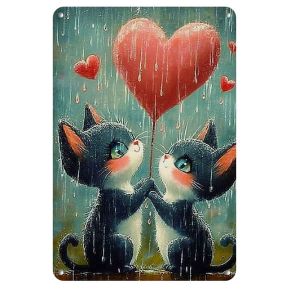 Whimsical Valentine'S Day Wall Art, Romantic Cats with Heart Balloons Design, Vintage-Inspired Metal Sign for Home & Study Decor, Ideal Gift, Cat Decor