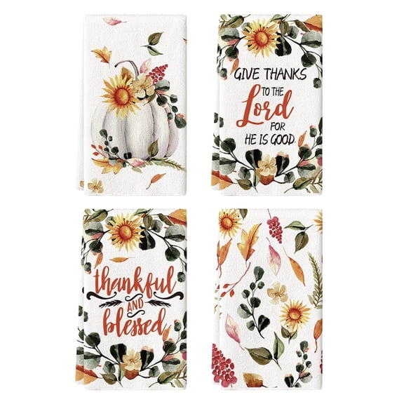 Sm:)e Give Thanks to the Load for He is Good Fall Thanksgiving Kitchen Dish Towel Set of 4, 18x26 Inch