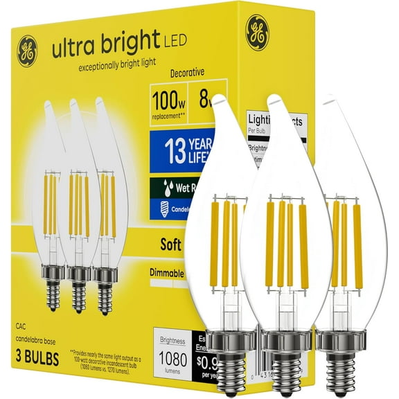 Ultra Bright LED Light Bulbs, 100W, Soft White Candle Lights, Clear Decorative CA12 Light Bulbs, Candelabara Base (3 Pack)