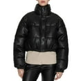 thumbnail image 2 of Yuwull Womens Faux Leather Puffer Jacket Winter Long Sleeve Black Short Bubble Coat Women'S Leather Quilted Shorty Puffer, 2 of 7