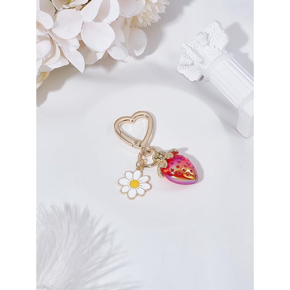 1Pc Strawberry Keychain Alloy Enamel Flower and Heart Swivel Snap Hook Clasps Bag Purse Charms Heart Flower Keychain Accessories for Women Gift 70mm Long Red