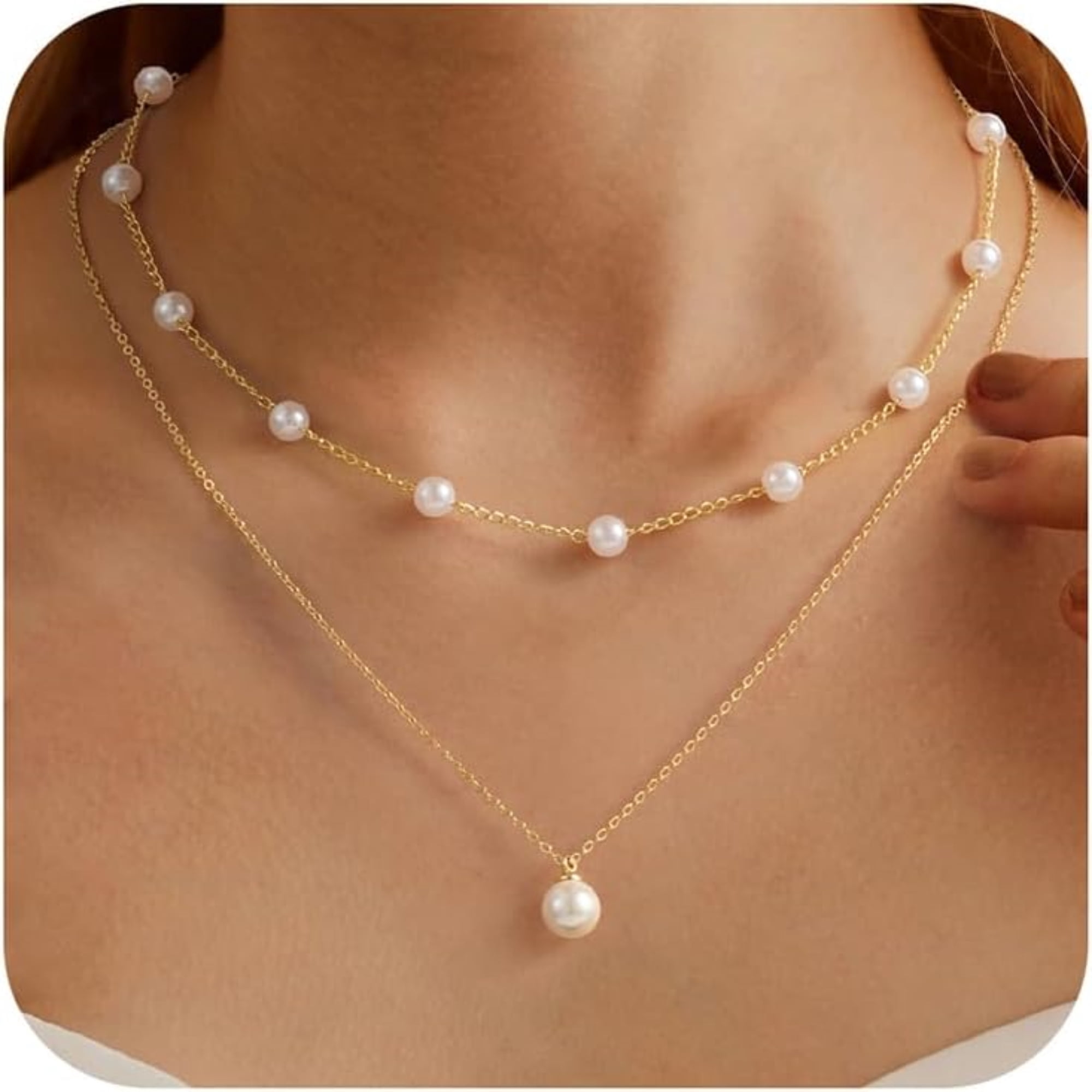 Turandoss Cultivate Pearl Necklace for Women Trendy 14K Gold Plated Satellite Pendant Stacked Bridesmaid Gifts Teacher Appreciation Mothers Day Graduation Gifts for Her Mom Kids Teen Girls Wife Ideas
