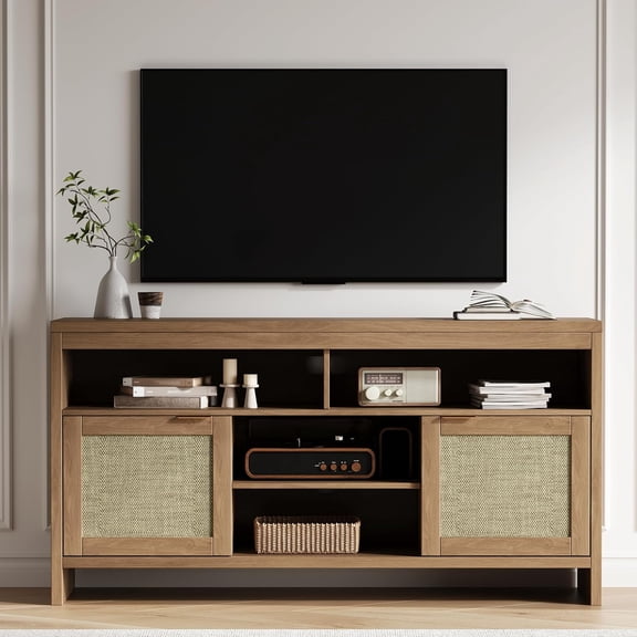 Rattan TV Stand with Storage Place for Living Room, Brown TV Console Cabinet with Shelf, 58 in Entertainment Center Media Console for 45 55 65 in TV, 30 in Tall Oak Wood Television Stands
