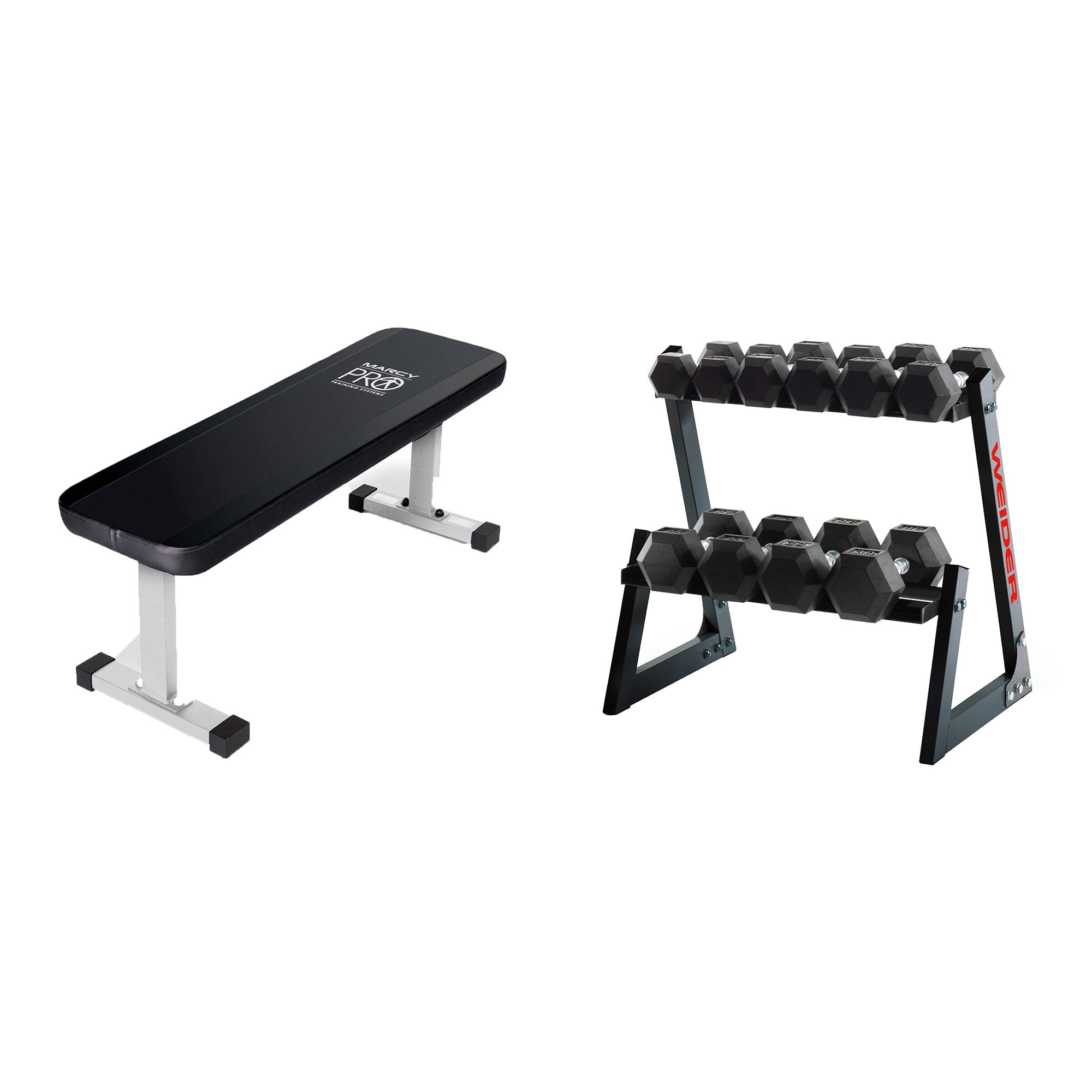 Weider Fitness 200 Pound Dumbbell Hex Weights Set w/ Rack & Flat Gym