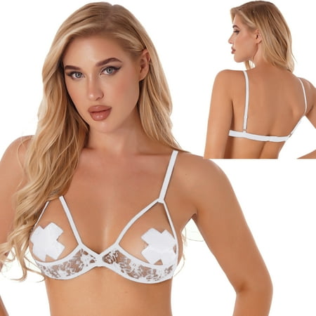 

iiniim Women s Harness Elastic Cupless Cage Bra See Through Lace Lingerie Sexy Wireless Underwear