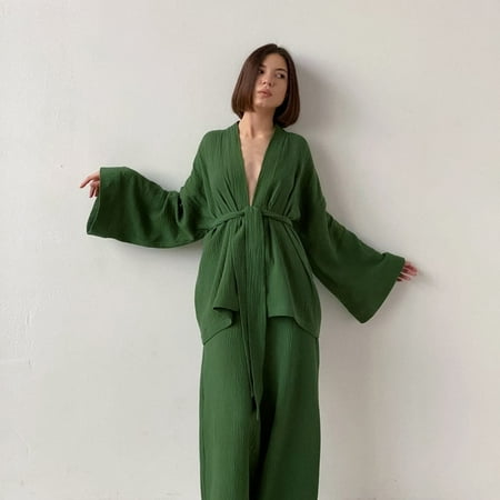 

Kimono Pajamas 2023 New 100% Cotton Crepe Long-Sleeved Trousers Ladies Sleepwear Suit Women s Home Service Mujer